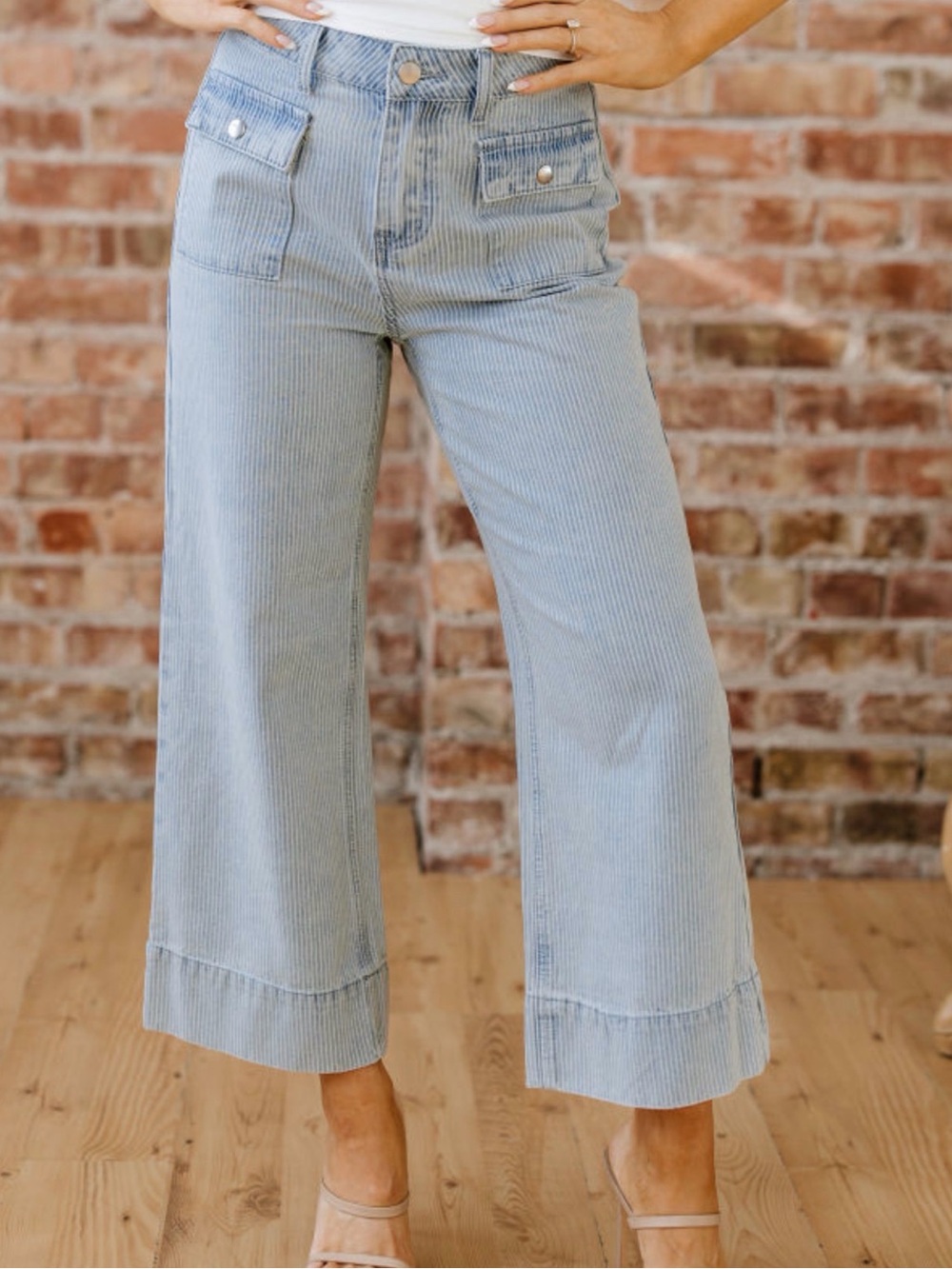 Light Blue and White Striped Wide-Leg Jeans - Women